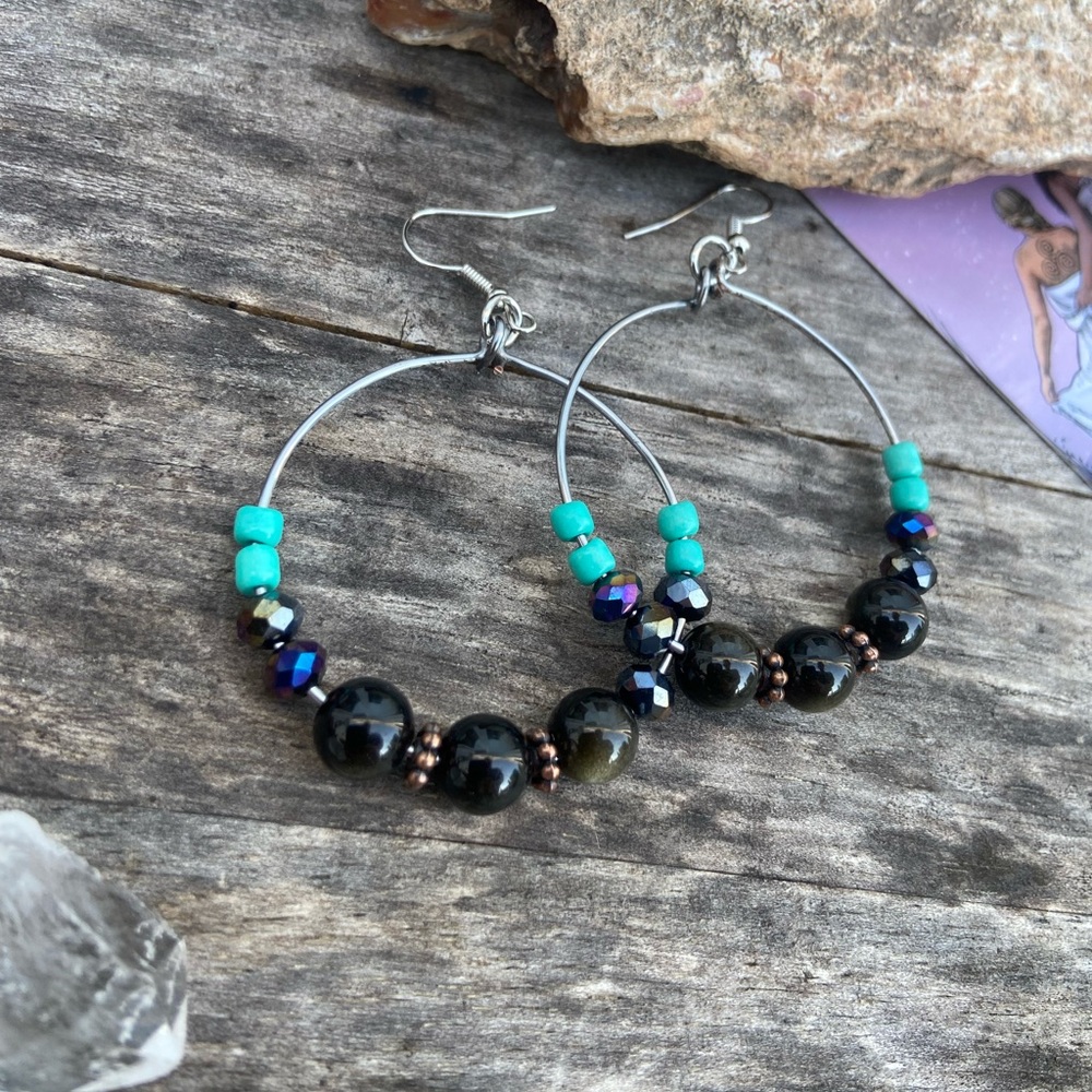 Wire Wrapped Gold Sheen Obsidian Gemstone Hoop Earrings - Picture 14 of 14